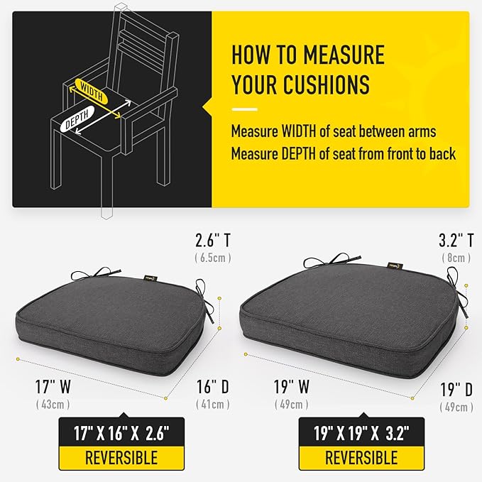 SUNROX Gel Memory Foam Chair Cushions, FadeShield Water-, Stain-Resistant Durable Reversible Seat Cushion Pads with Ties for Indoor/Outdoor Kitchen Dining Office, 19"x19", Set of 2, Midnight