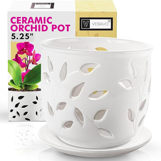 Orchid Pot with Holes & Saucer Ceramic 5.25 in. Indoor or Outdoor Large Pot for Orchid Care & Root Health with Precise Aeration & Drainage – Durable for Repotting or New Plants