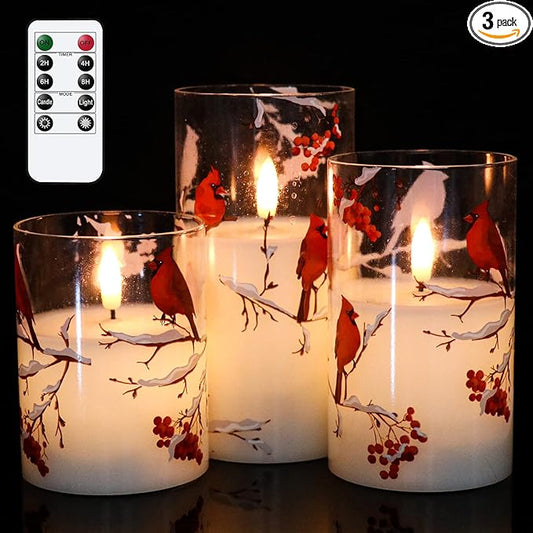 Red Bird Glass Battery Operated LED Flameless Candles with Remote Timer, Real Wax LED Candles Warm Color Flickering Light for Festival Wedding Home Party Decor(Pack of 3, 3”x4”5”6”)