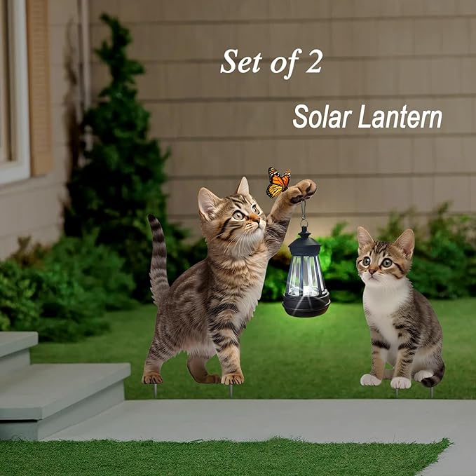 Set of 2 Realistic Cats Metal Stakes Solar Lantern Decoration, Cute Cats Stakes with Solar Lantern for Yard, Outdoor Garden Lawn Pathway Patio Ornaments, HDS-1021