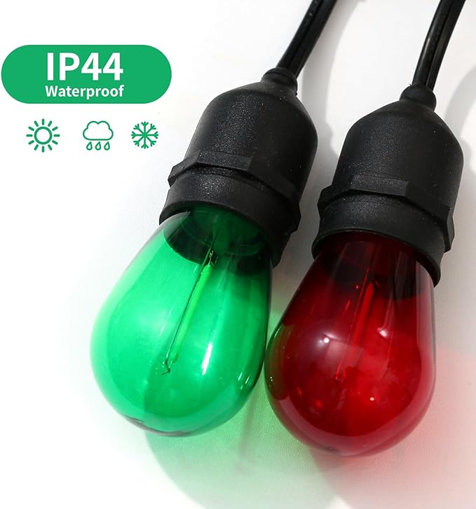 Meconard S14 Colored LED String Light Bulbs,1 Watt Plastic Shatterproof Waterproof Outdoor Indoor Replacement Bulbs for Home Decor, E26 Medium Base, Red Green Light Bulbs, 15Pack