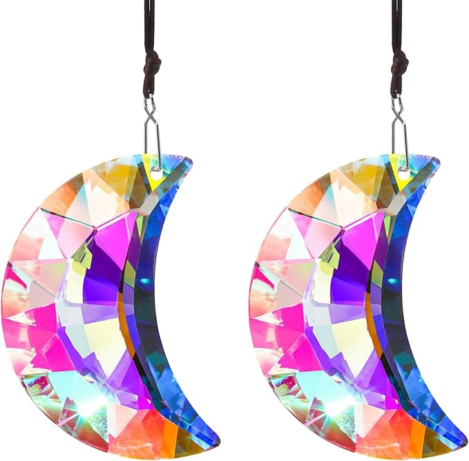 HDCRYSTALGIFTS 2pcs 50mm Crystal Prisms Sun Catchers,Half Moon Drop Hanging Suncatchers for Windows, Rainbow Maker Crystals Decoration