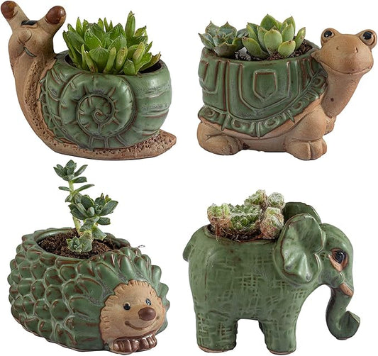 Small Succulent Pots with Drainage, Ceramic Animal Planter, Indoor Plant, Cute Cactus/Bonsai Flower Pots for Home Decor and Office Desk Decoration, A Set of 4 Pieces is Suitable as A Gift
