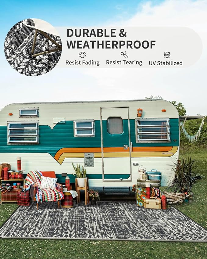 MontVoo Outdoor Rug Waterproof-Patio Rug Mat 5x8 Outdoor Carpet Reversible RV Camping Picnic Plastic Straw Rug Outside Outdoor Area Rug for Balcony Deck Backyard Patio Decor Boho Modern Abstract