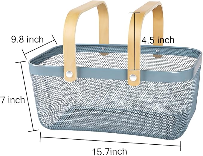 Portable Mesh Harvest Basket - Natural Bamboo Handle Foldable Organizer for Kitchen, Garden & Picnic | Ventilated Storage Bin with Rust-Proof Wire, Space-Saving Farmhouse Decor (Blue)