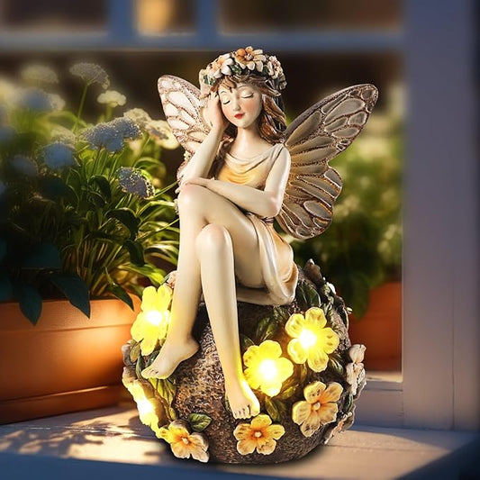 Solar Fairy Statue Sitting on The Flower Ball Light 6.8" Angel Statues for Garden Yard Patio Porch Lawn Decor Resin Fairy Figurine Outdoor Waterproof Angel Gifts for Women Mom Sister