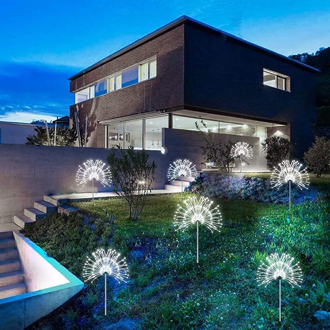 Solar Outdoor Lights,4 Pack 120 LED Waterproof Solar Firework Lights are 8 Modes Decorative Sparkles Stake Landscape Light,Garden Copper Wire Firework Lamp for Backyard Lawn Patio Decor(Cool White)