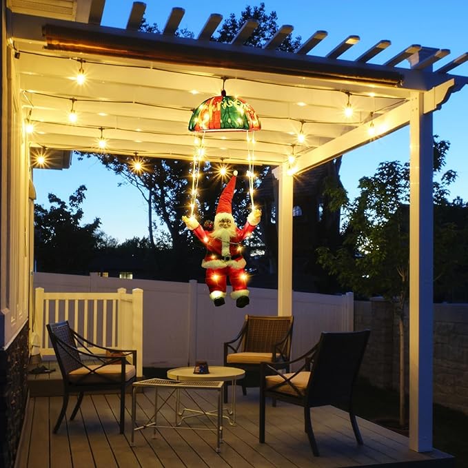 Christmas Decorations Lights Outdoor, 88 LED Christmas Parachute Lights with Santa Claus, 8 Modes Hanging Warm White Xmas Light, Holiday Decorative Lighting for Roof Eave Porch Balcony Indoor Decor