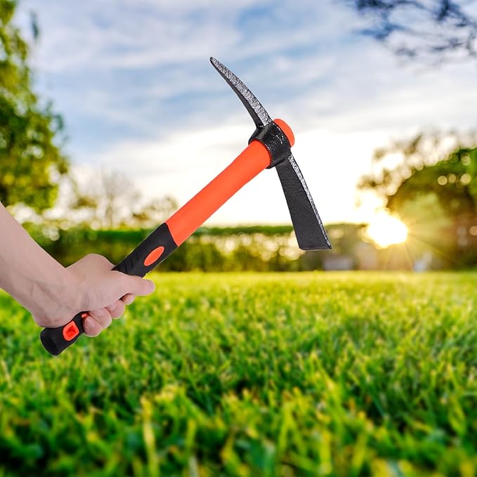 HARFINGTON Pick Mattock Hoe, 15 inch Steel Forged Weeding Garden Pick Axe with Yellow Fiberglass Handle Garden Hoe Garden Tool for Digging, Gardening, Camping, Planting