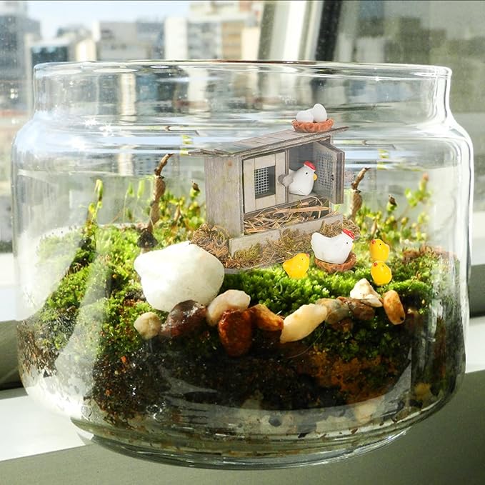 Nicunom 20Pcs Miniature Retro Wooden Chick Coop, Mini Family Chickens, Hen, Chick, Egg, Chicken Nest Ornament for Fairy Garden Accessories, Micro Landscape Lawn Decor