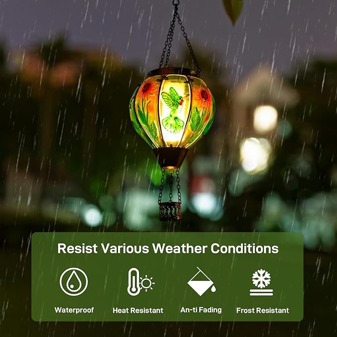 Hummingbird and Sunflower Solar Hot Air Balloon Lantern with Flame, Glass Hot Air Balloon Solar Lantern Outdoor Waterproof, Hanging Solar Lantern for Outside Garden Patio Tree Porch Yard