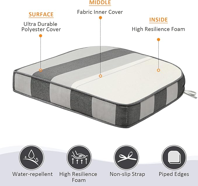 Round Corner Seat Cushions, 17" x 16" x 2", Set of 4, Indoor Outdoor Water Repellent Universal Chair Pads with Ties for Patio Furniture, Garden Deck Dining Chairs, Gray Stripe