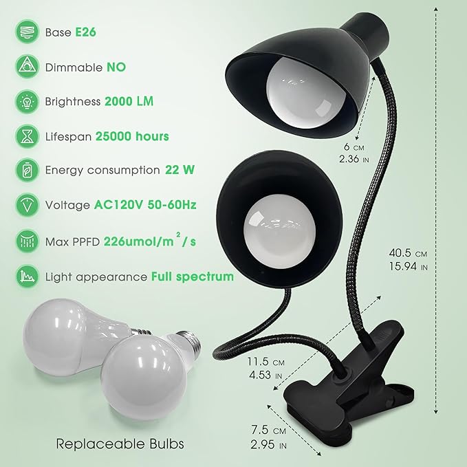 Grow Lights for Indoor Plants, Briignite Full Spectrum Grow Light Dual Head, 22W LED Clip On Grow Lights 200W Equivalent, Bulbs Replacement, Adjustable Gooseneck Grow Light for Seed Starting Indoor