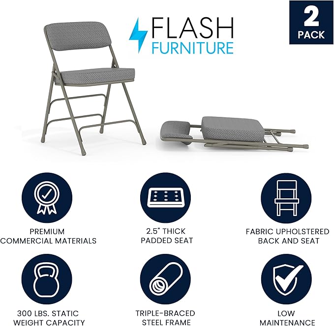 Flash Furniture Hercules Series Metal Folding Chairs with Cushioned Seats, Fabric Upholstered Event Chairs, Set of 2, Gray