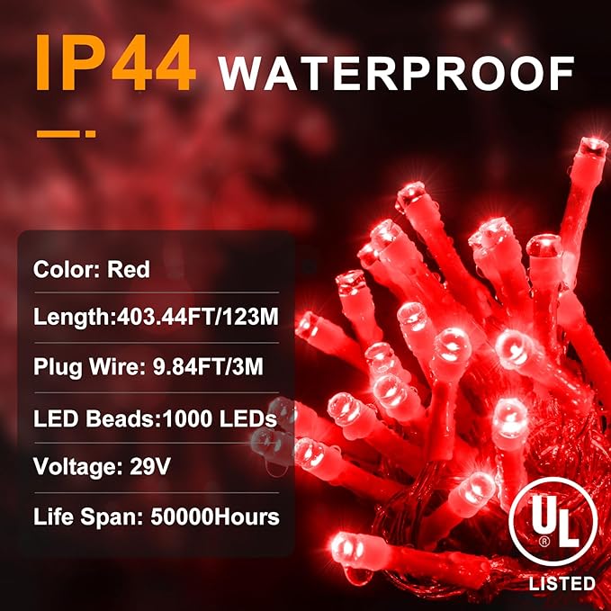 KNONEW 403ft 1000 LED String Lights Outdoor Christmas Lights 8 Modes & Timer Fairy Light Plug in Waterproof LED String Lights for Xmas Yard Tree Wedding Party Holiday Decorations (Red)