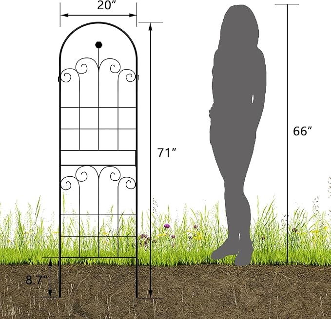 LZRS 2 Pack 71x20in Rustic Iron Arch Decoration Garden Trellis with Black Metal Coating – Perfect for Supporting Climbing Plants Outdoor, Roses, Vines, Flowers, and Vegetables.