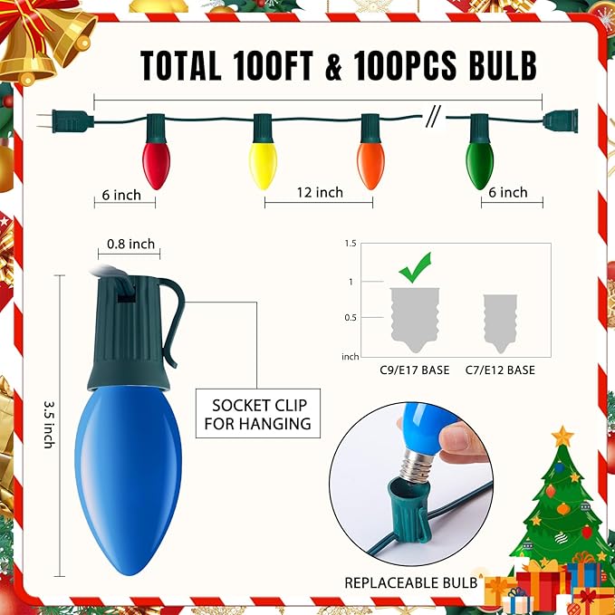 Minetom Outdoor Christmas Lights, 100 FT Vintage Multicolor C9 Christmas String Lights for Christmas Holiday Indoor Room Roofline Backyard Garden Patio Home Decor, E17 Base, Green Wire
