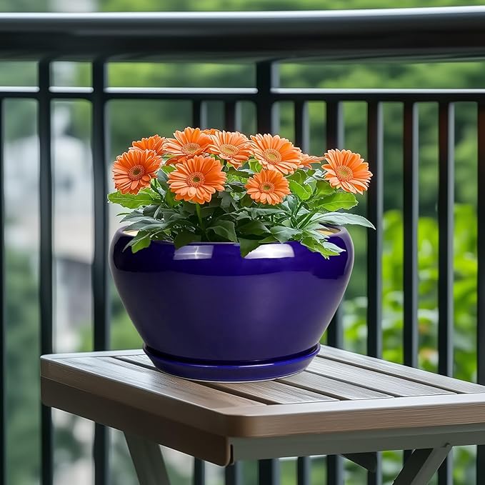 Ceramic Planter Pot 11 Inch - Indoor Planter Pot for Plants with Drainage Hole and Saucer Large Planter Round Outdoor Flower Pot Mid-Century for House Patio Decor Blue