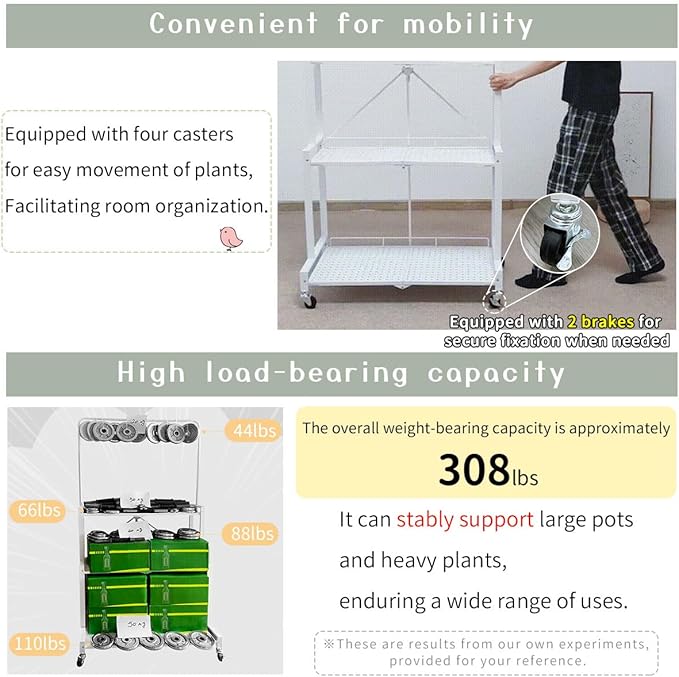 lumizone Foldable 4-Tier Plant Stand Indoor Outdoor Hanging Plant Shelf No Assembly Required Pot Placement Area With Wheels Sturdy Fall Prevention Storage Shelf Flower Pot Stand(4 Tier-White)