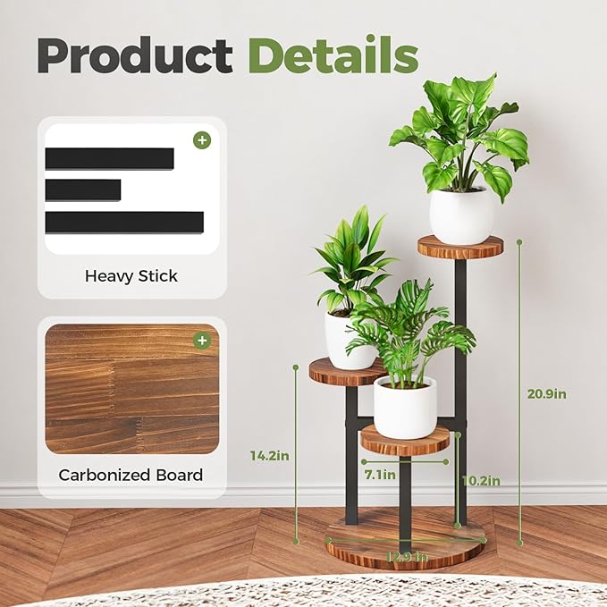 Bamworld 3 Tier Plant Stand Indoor Small Plant Shelf Outdoor Metal Tall Flower Holder Table Support Rack Garden Accessories for Plant Lovers(Brown)