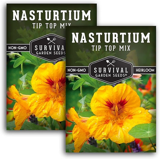Survival Garden Seeds - Tip Top Mix Nasturtium Seeds - 2 Packs with Instructions to Plant and Grow Edible Flowers & Companion Plants in Your Home Vegetable Garden - Non-GMO Heirloom Variety