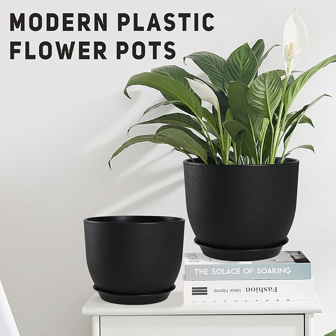 Plant Pots 10/9/8/7.5/7 inch Set of 5,Flower Pots with Multi Mesh Drainage Holes, Large Planters for Indoor Outdoor Garden Plants and Flowers. (Black)