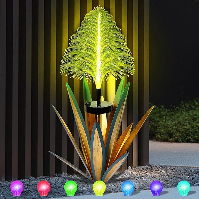 Metal Outdoor Decoration Gift Metal Agave Plants Outdoor Decor, Metal Agave Yard Art Garden Lights Solar Outdoor, 7 Color Changing Garden Yard Pathway Xmas Decor Waterproof & Solar Powered(1pcs Blue)