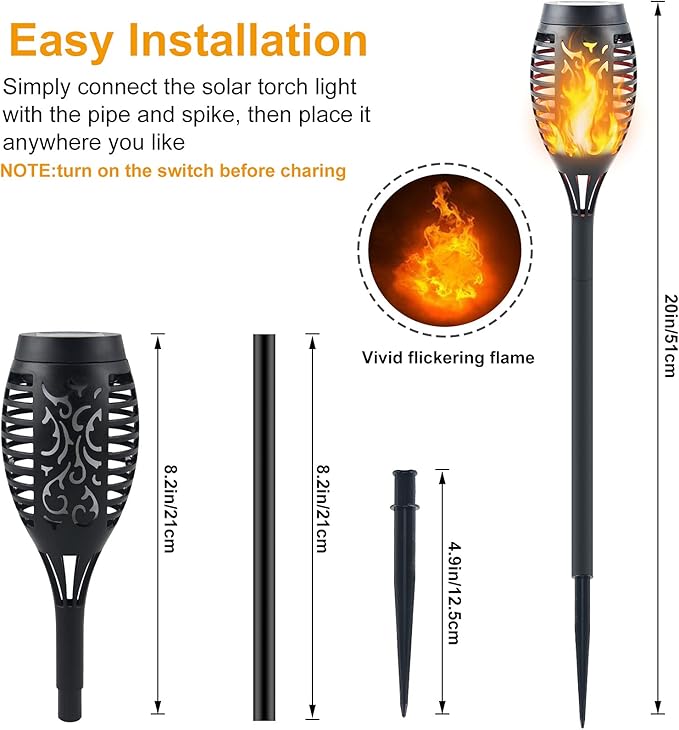 12-Pack Solar Torch Lights with Flickering Flame - 12LED Mini Fire Effect Solar-Powered Tiki Torches, Waterproof Outdoor Lighting with Auto On/Off, Perfect for Garden, Patio & Pathway Decor