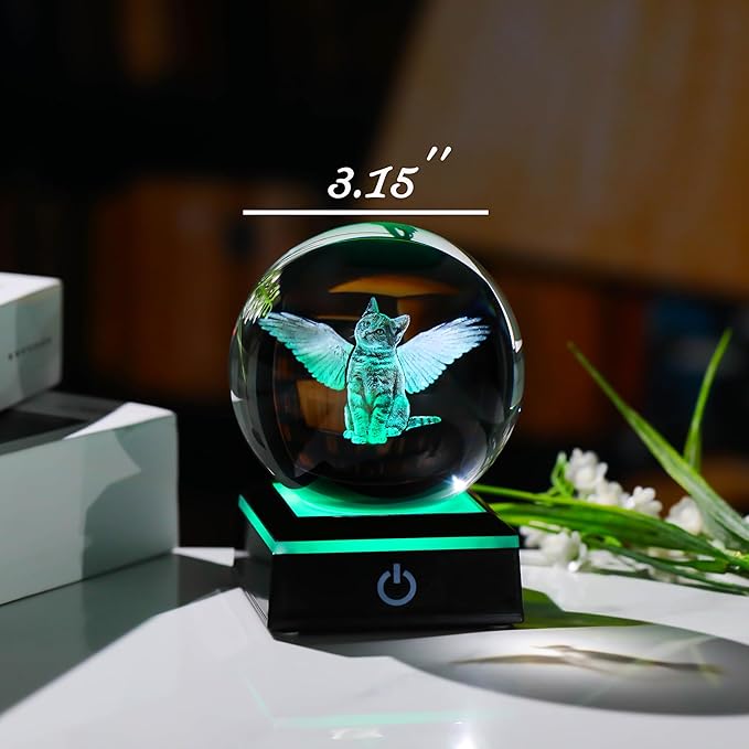 Qianwei Cat Memorial Gifts for Loss of Cat - Pet Memorial Cat Angel Statue 3D Crystal Engraved Office Decor - Remembrance Bereavement Passing Away Sympathy Gifts in Memory of Death