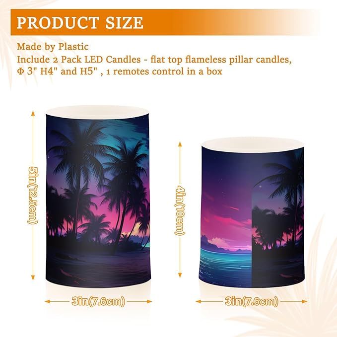 Flickering Flameless Candles, Palm Tree Beach Tropical LED Candles with Remote Timer, Set of 2 Battery Operated Candle for Valentine Wedding Birthday