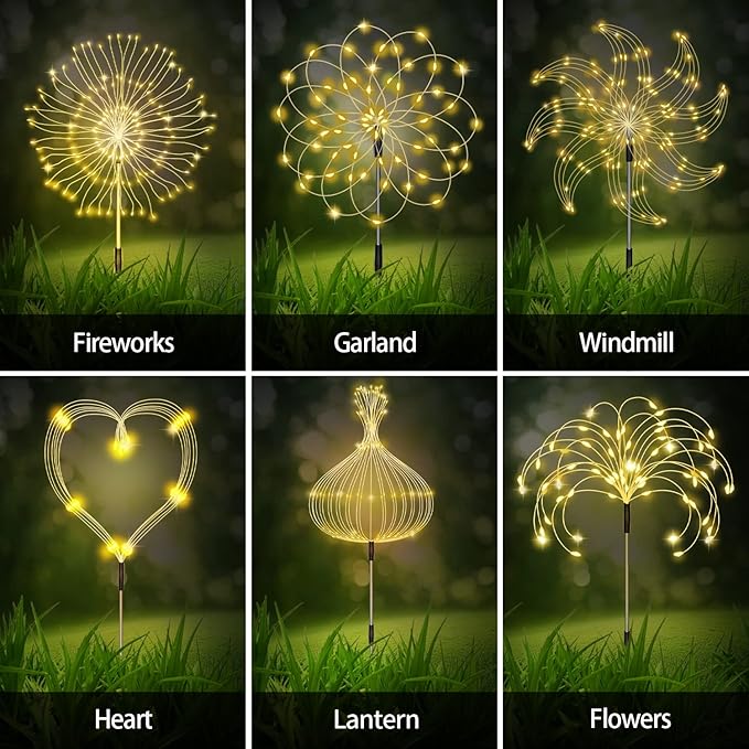 6 Pack Solar Garden Lights Outdoor, Firework Lights 8 Modes with Remote DIY Outdoor Decor,120 LED Waterproof Garden Fireworks Lamp, Landscape Outdoor Light for Pathway Backyard Lawn (Warm White)