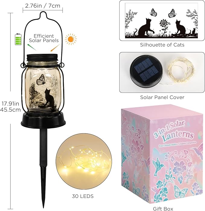 Cat Solar Lanterns Cat Gifts for Women Men Cat Lovers Gifts Hanging Cat Lanterns with Stake for Yard Lawn Garden Decor Black Cat Lantern