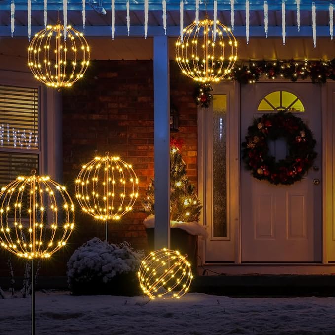 LIGHTSHARE 12IN 96LED Light Ball Light Garden Yard Decoration Pathway Lights Sphere Light with Fold Flat Metal Frame Indoor Outdoor Waterproof, Plug in