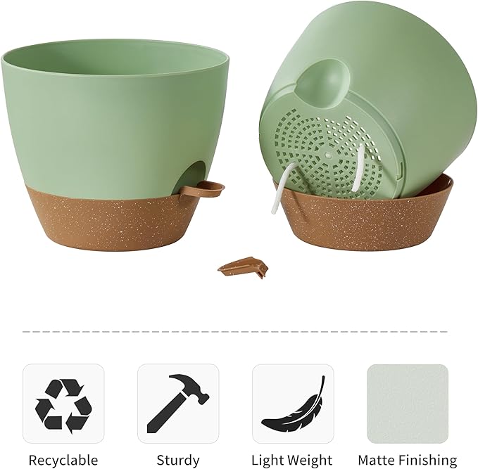 FaithLand 3-Pack Large Planter Pots, 12 10 9 Inch Self Watering Flower Pots for Indoor Outdoor Garden Plants, Green with Brown