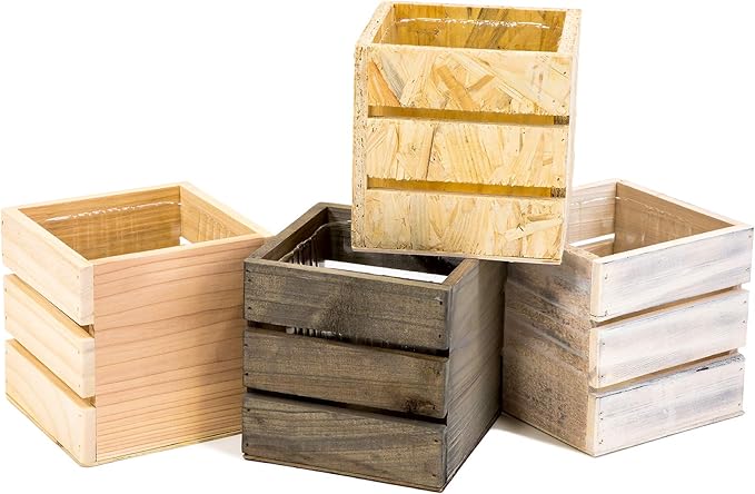 Wood Planter Box with Wine Crate Styled, 5 Inch Square, Rose Wood, Plastic Liner, Garden Centerpiece Display, Wedding Flowers Holder, Home and Venue Decor (5x5 Wine Crate Set of 4, Rose Wood)
