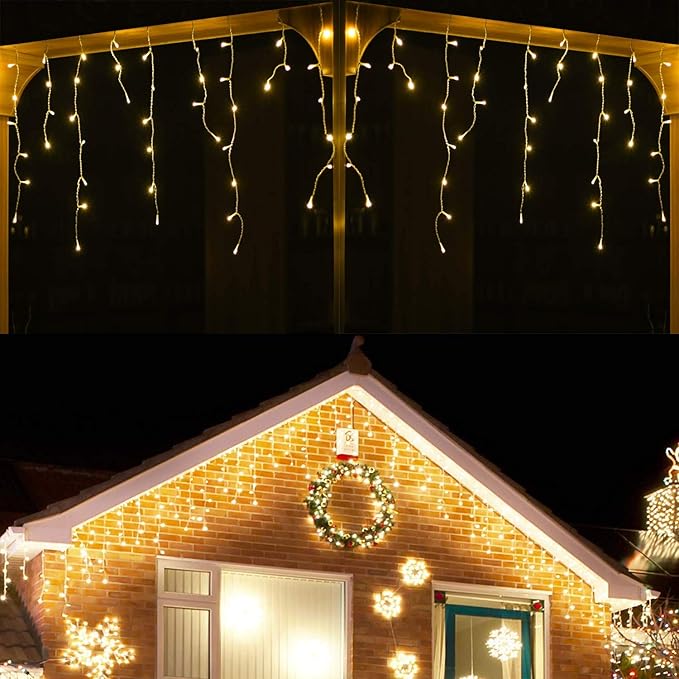 YASENN 300Led Icicle Style String Lights 29.5FT,Update Connectable 8 Lighting Modes with Timer Icicle Lights for Home Garden Outdoor Indoor Eave Decor (Warm White LED White Cable)