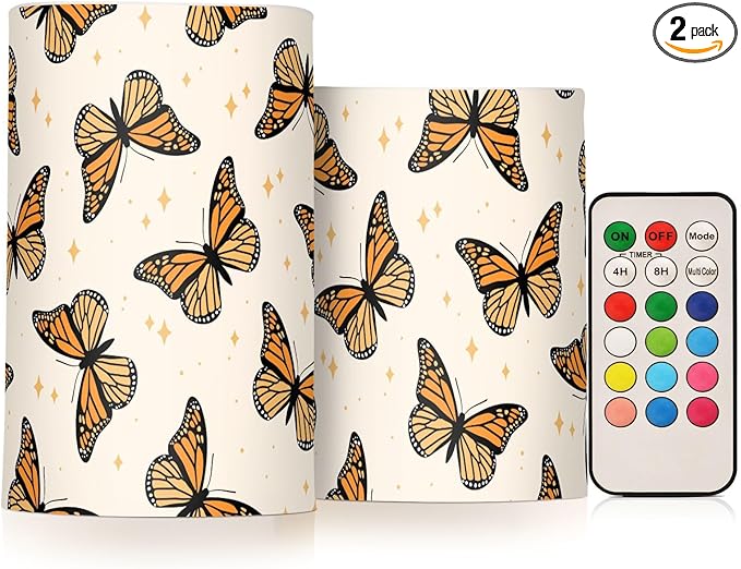 Flickering Flameless Candles, Monarch Butterflies LED Candles with Remote Timer, Set of 2 Battery Operated Candle for Valentine Wedding Birthday