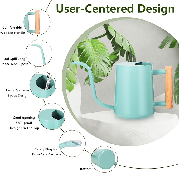 Watering Can Indoor Plants, 35oz Small Watering Can Indoor Stainless Steel Metal Watering Can Modern Decorative Watering Pot with Long Spout for Indoor House Plant Bonsai Outdoor Garden Flowers -Green