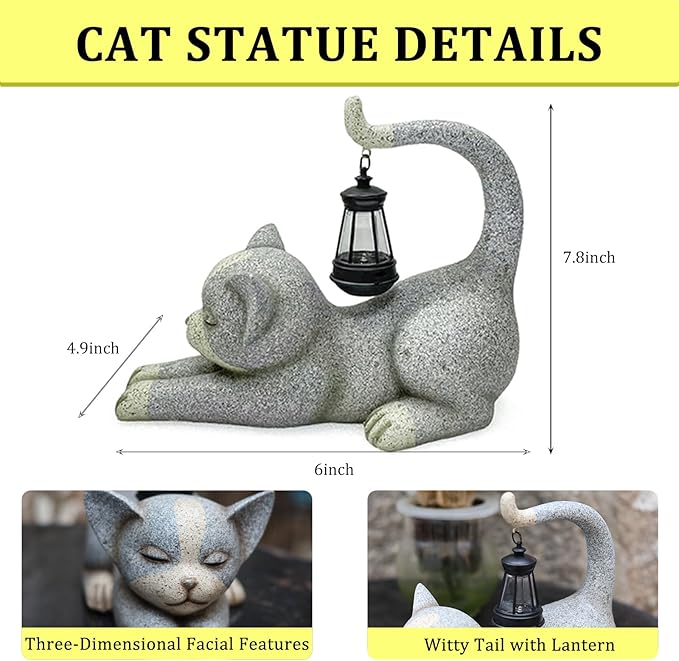 Choies Solar Cat Garden Statue Outdoor Decor,Cat Garden Sculpture for Outside,Cats Figurines Gifts for Women,Mom,Cat Outdoor Decoration for Home,Garden,Patio,Yard