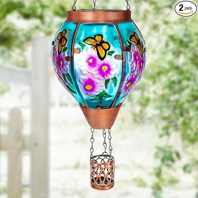 Solar Hot Air Balloon Lantern with Flame， Butterfly Glass Outdoor Solar Lanterns for Outside Hanging Farmhouse Patio Pathway Decor, Butterfly Gifts for Women Grandma Mom