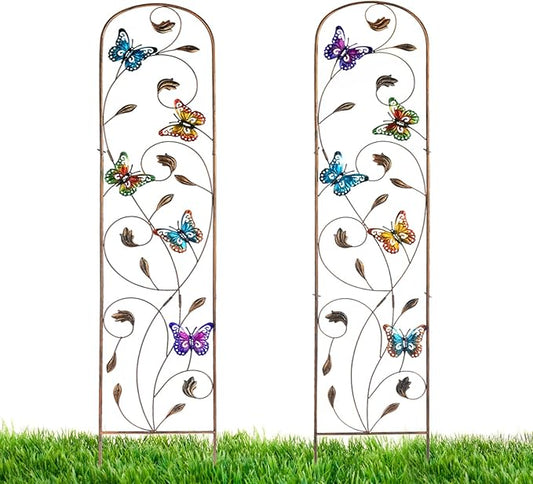 LEWIS&WAYNE 2 Pack Metal Garden Trellis with Colorful Butterfly 60 Inch High Outdoor Decoration Arched Fence Trellis for Climbing Plants for Patio, Lawn, Yard, Backyard, Wall Brackets