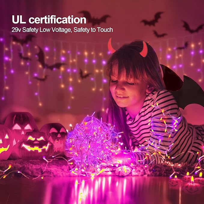 480 LED 49FT Halloween Lights Plug in 8 Modes with Timer Dimmable Halloween Decorations Outdoor Waterproof Indoor Curtain String Lights for Roof Porch Garden Holiday Wedding Party Decor Orange+Purple