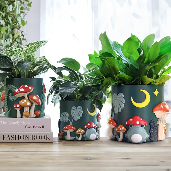 GUGUGO 8 Inch Colorful Frog Garden Planters Cute Unique Rainbow Planter with Drainage, Vintage Retro Mushroom Flower Plant pots for Indoor Plants, Eclectic Succulent Gardening Pot for Home Décor-B