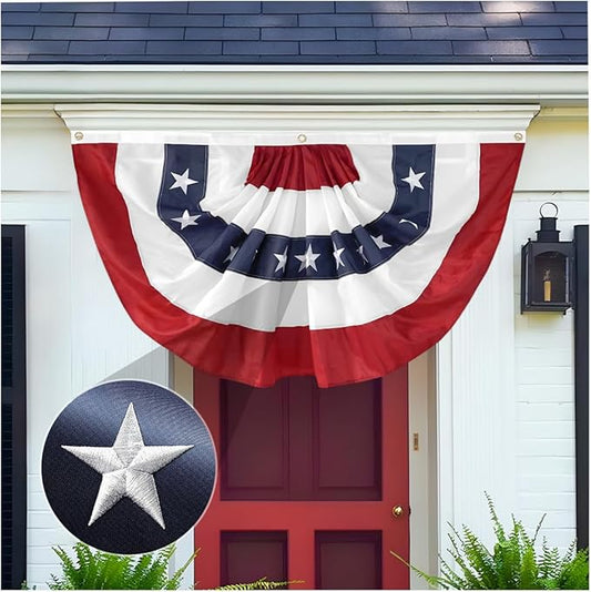 2x4 Ft American Pleated Fan Flag USA Bunting 4th of July Flags Decor Outside Porch Garden Banner Embroidered Patriotic Stars & Sewn Stripes Canvas Header Brass Grommets