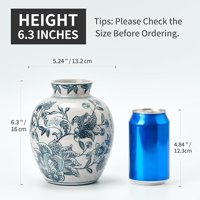 SIDUCAL Ceramic Chinoiserie Floral Vase | 6.3 Inch Blue and White Vintage | Retro Ice Cracked Blue and White Porcelain Vase for Table, Living Room, Bathroom Decoration, Shelf Decor, Mantel