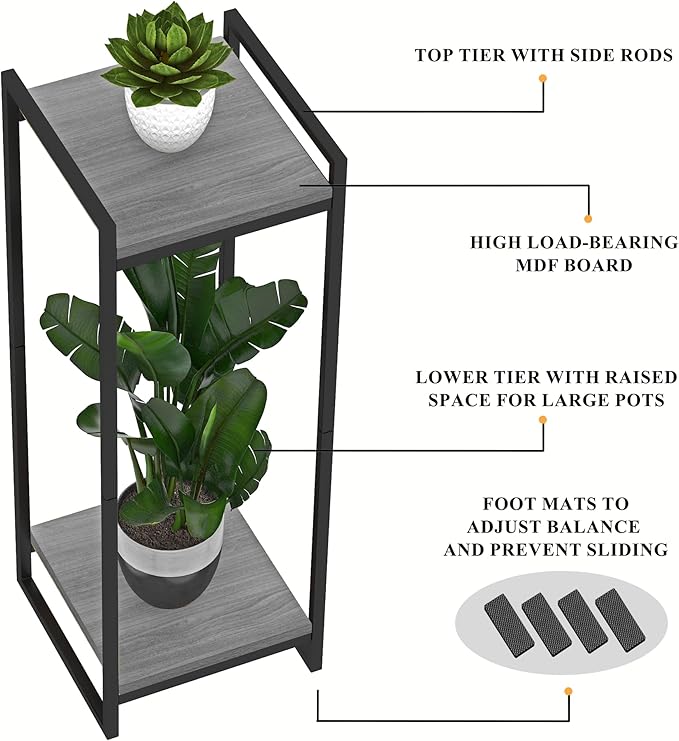 34" Tall Plant Stand Indoor, 2-Tier Modern Plant Shelf Corner Flower Pot Holder Organizer for Living Room Balcony Garden, Oak Grey
