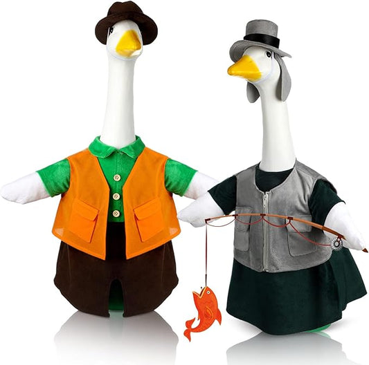 Frienda 2 Set Porch Goose Outfits Clothes 23 Inch Garden Raincoat Flag Bee Fishing Style Goose Costume for Lawn Patio Valentine's Day Decor
