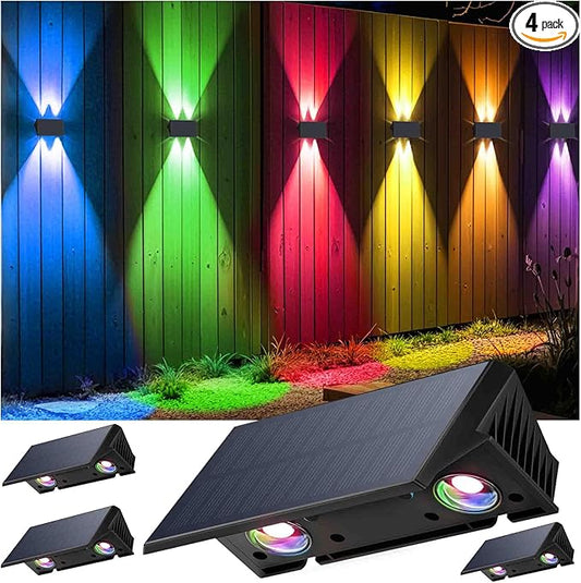 Fence Lights Solar Powered, 4-Pack Solar Fence Lights Up/Down Flexible Buttons, IP67 Waterproof for Outdoor, 120LM Bright, Auto Dusk to Dawn for Wall/Stairs/Yard/Railing/Deck/Pathway (White & RGB)