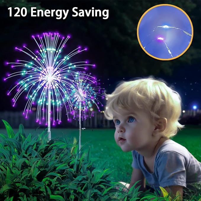 Upgrade Solar Garden Firework Lights Outdoor Decor Weatherproof 2 Pack with ROHS CE Certified,120 LED Solar Sparklers Fireworks SticksFairy Stake Lights,for Yard Pathway Flowerbed Decor (Colorful)
