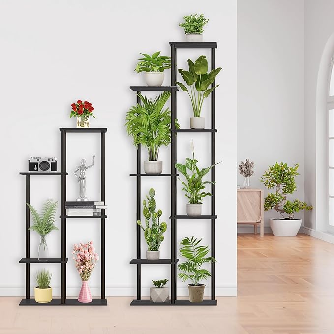 Plant Stand Indoor 5 Tier 6 Potted Metal Wood Plant Shelf, Multiple Flower Pots Corner Tall Plant Holder Stands for Living Room Balcony Bedroom, Black